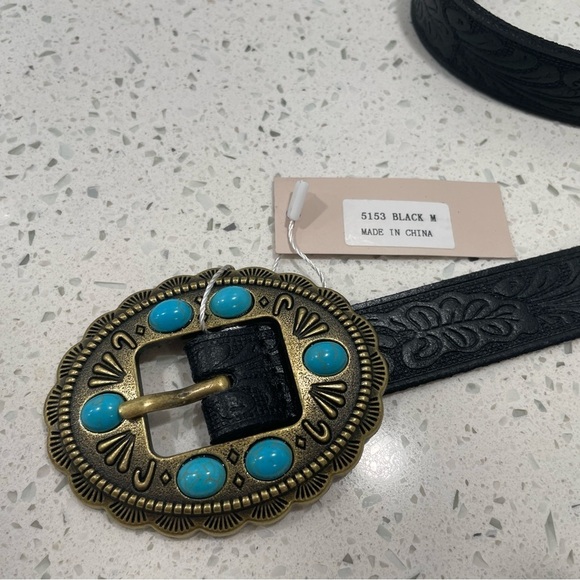 Most Wanted Black Leather Tooled Belt Round Turquoise Stone Buckle NEW Medium main image 8